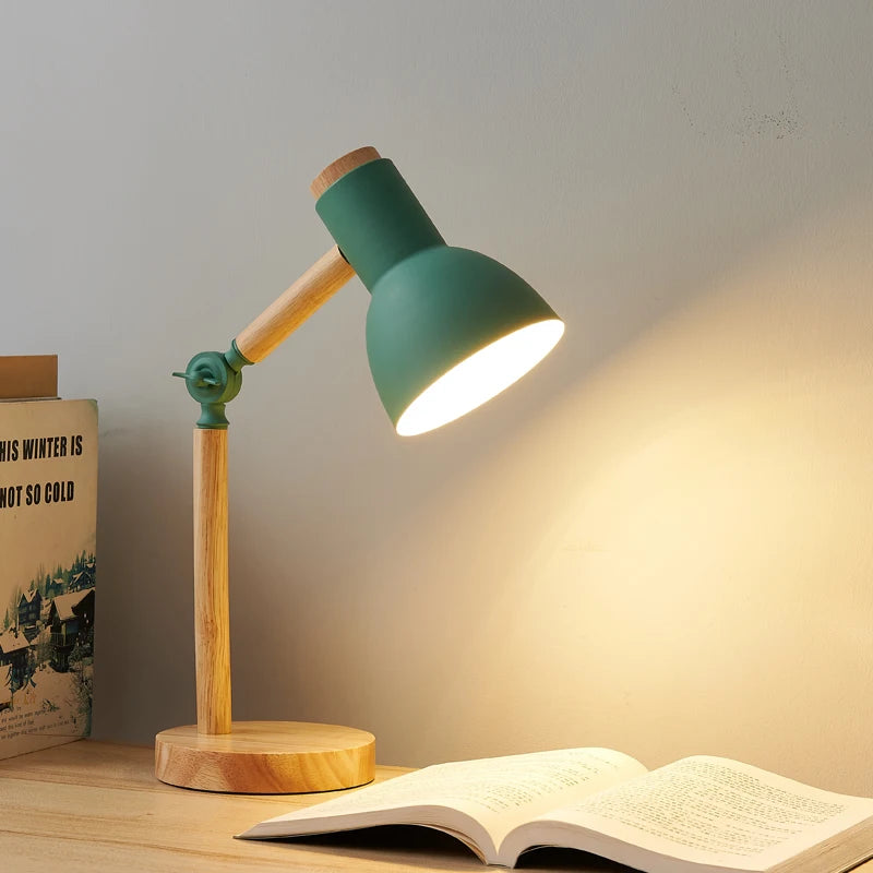 Lámpara de estudio de lectura con cabezal giratorio LED de madera para mesita de noche
