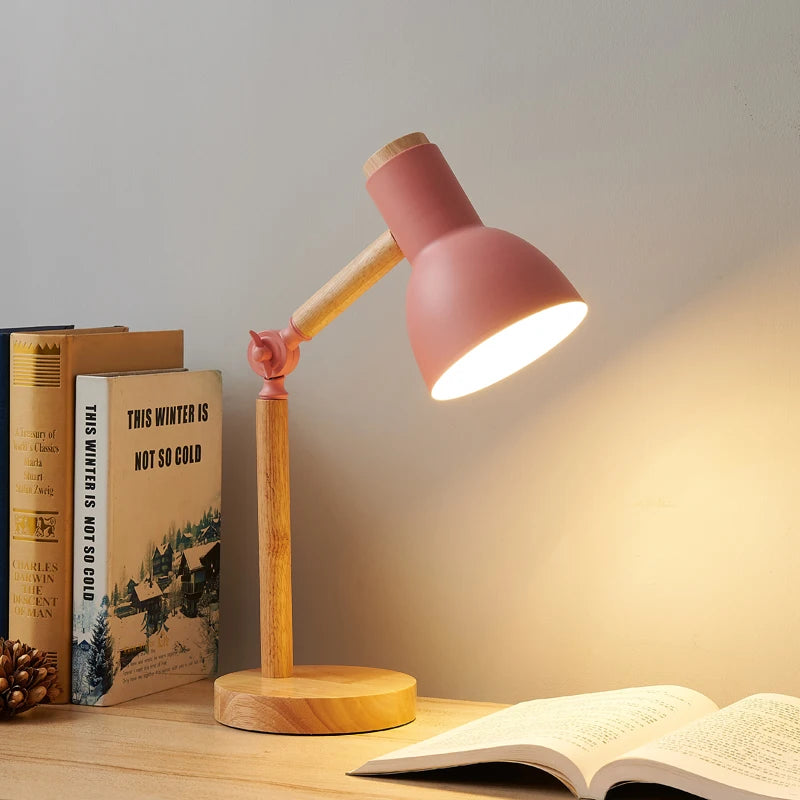 Lámpara de estudio de lectura con cabezal giratorio LED de madera para mesita de noche