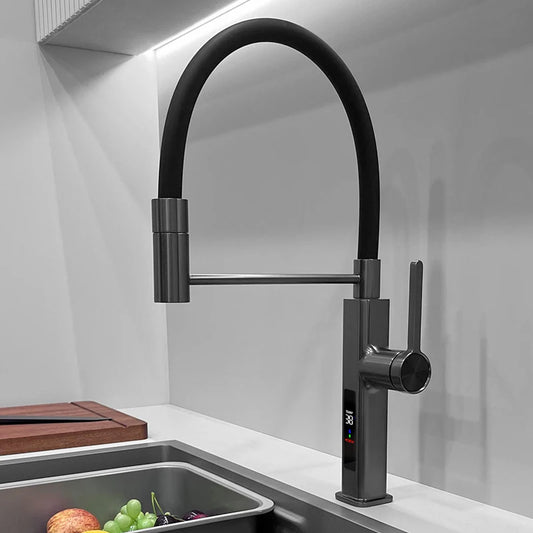 Grifo de cocina con manguera flexible y panel LED para montaje en cubierta