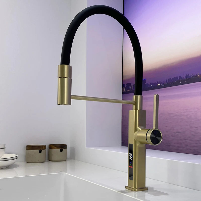 Grifo de cocina con manguera flexible y panel LED para montaje en cubierta