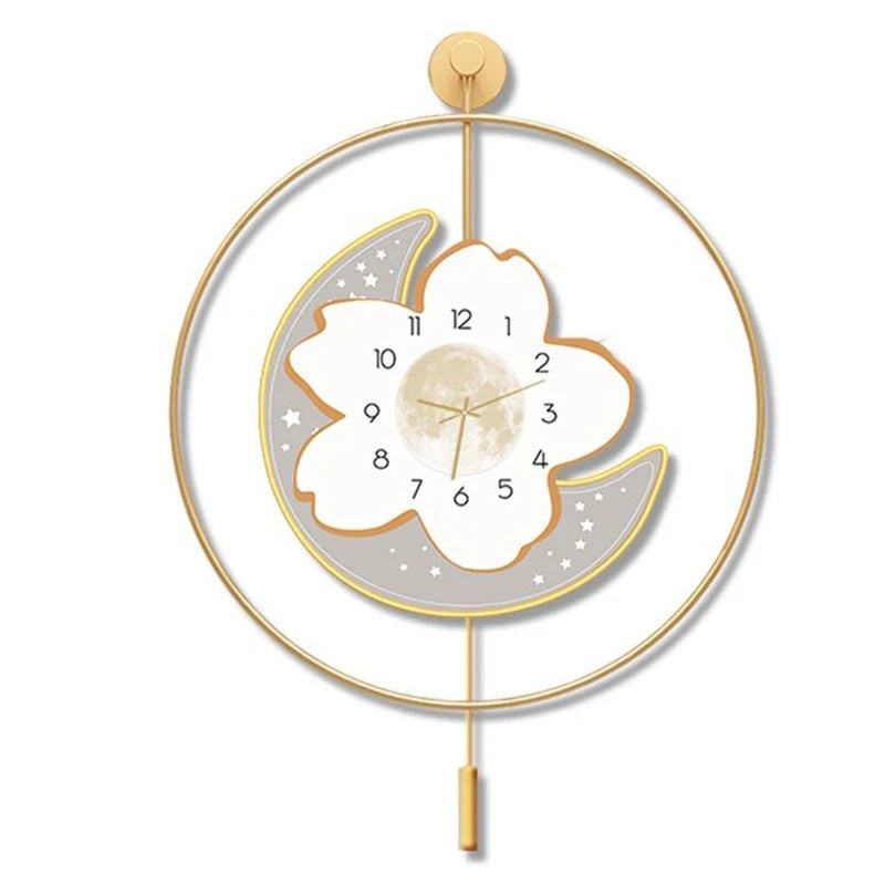 Reloj de pared artístico con péndulo, luna y flores.