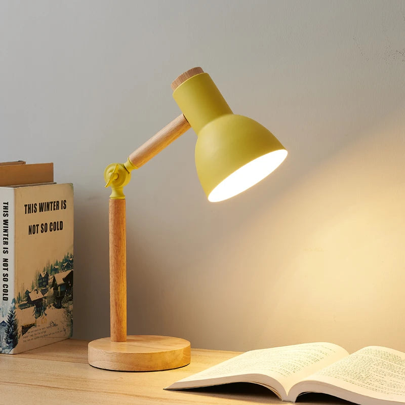 Lámpara de estudio de lectura con cabezal giratorio LED de madera para mesita de noche