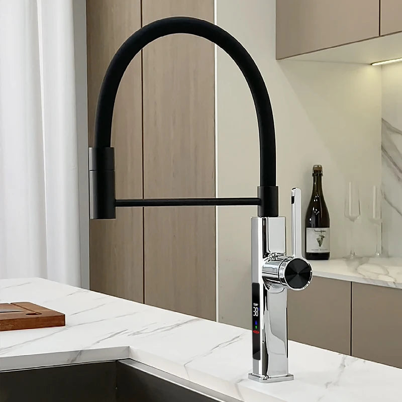 Grifo de cocina con manguera flexible y panel LED para montaje en cubierta