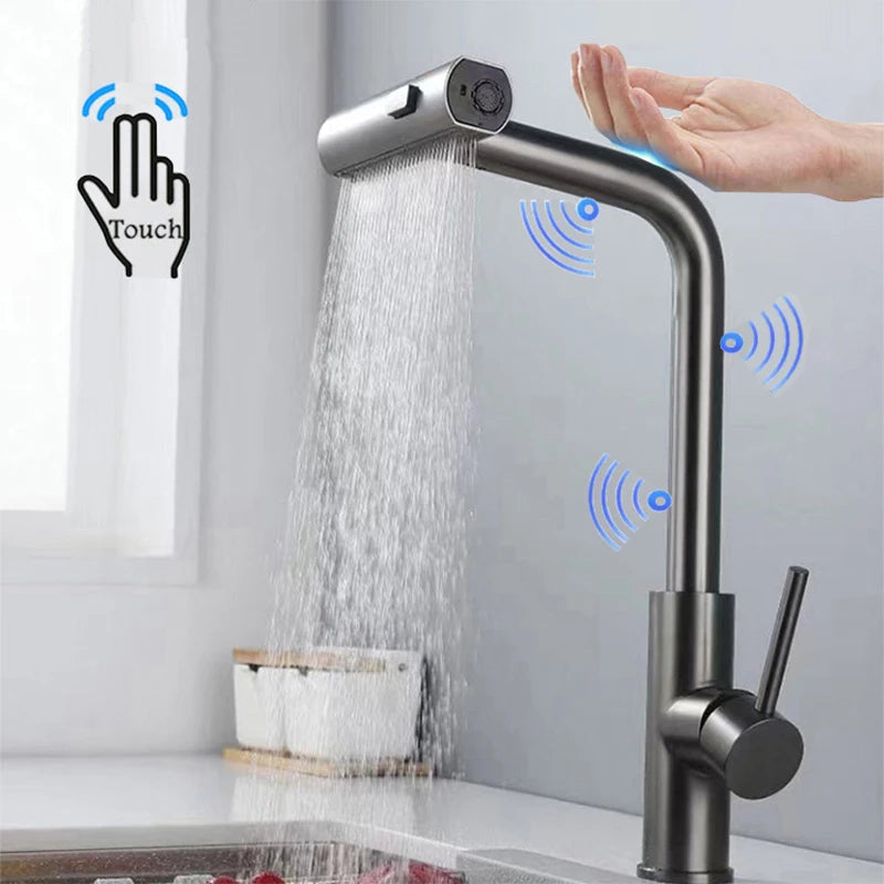 Grifo extraíble para lavabo con sensor de cascada y 3 modos