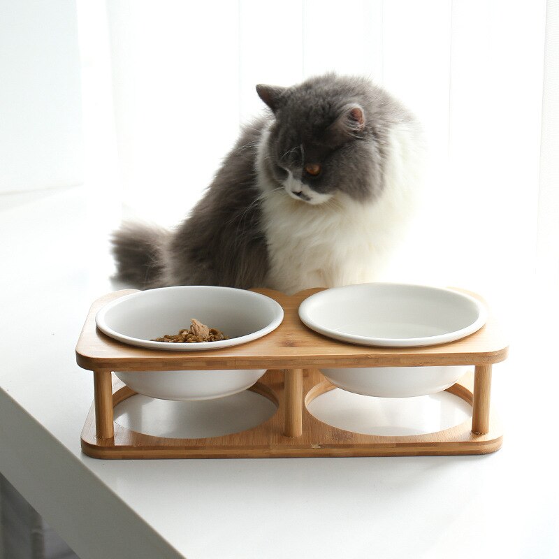 Tazón de alimentación para mascotas con soporte de madera