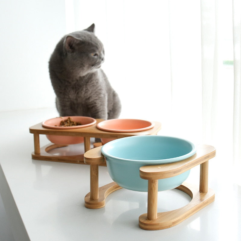 Tazón de alimentación para mascotas con soporte de madera